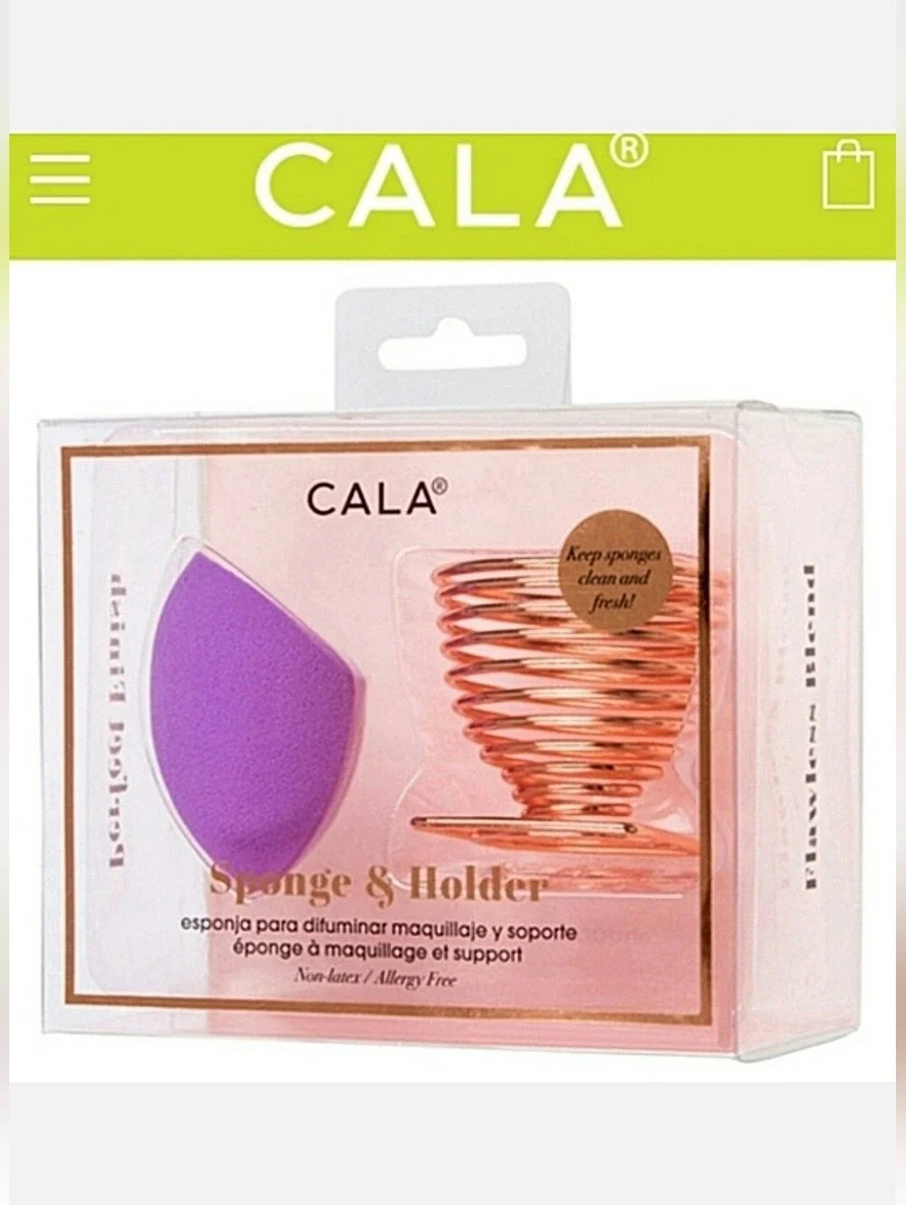 CALA Purple Pro Blender Makeup Sponge & Gold-tone Holder Stand NIB
